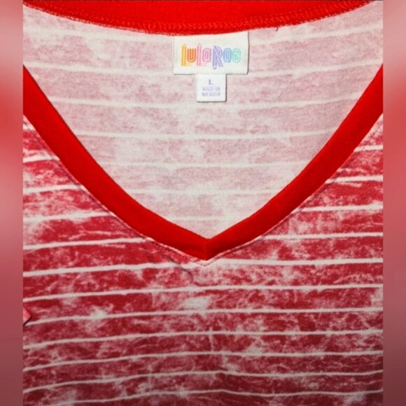 LuLaRoe Irma Red white Striped Tunic Shirt High Low Short Sleeve Pull-Over Top L - Picture 3 of 8